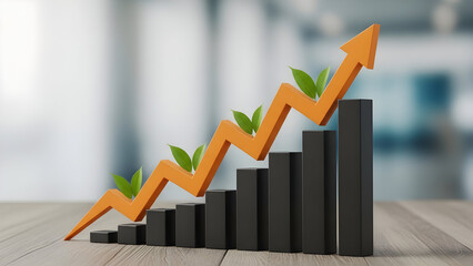 Stunning growth chart showing positive trends with vibrant green leaves symbolizing sustainability and success in a modern business setting
