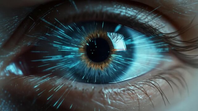 Macro shot of a human eye with glowing lines emanating from it, creating a digital effect