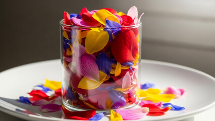 Colorful flower petals in glass vase on white plate floral arrangement art