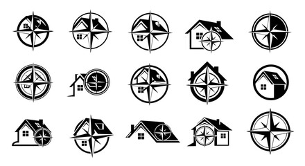 Set of black and white house and compass navigation logo designs for real estate