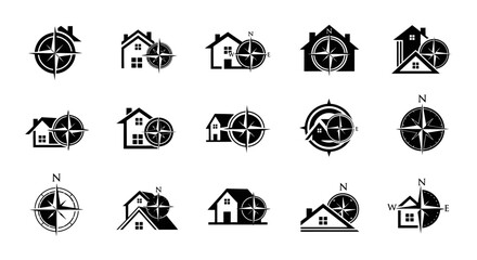 Collection of distinctive real estate logo designs with compass integration for navigation and