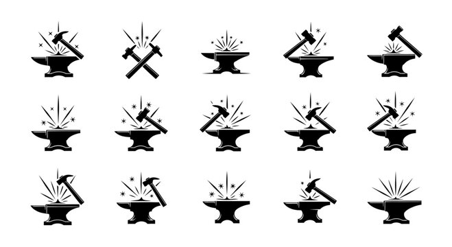 Collection of Blacksmithing Icons: Anvil and Hammer Designs for Crafts and Industry