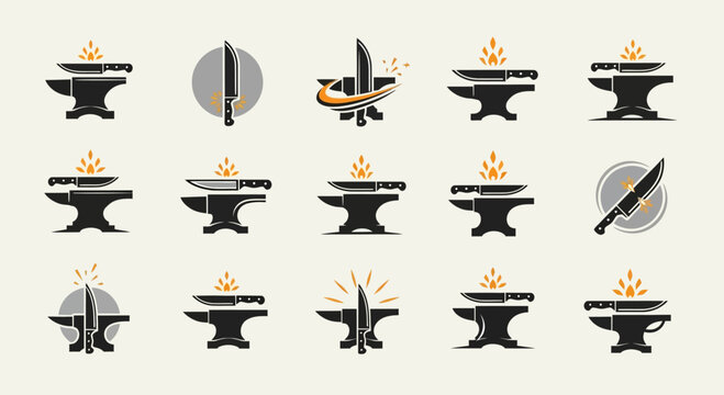Collection of blacksmith logo templates featuring anvil and knife designs in vintage style