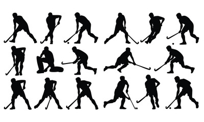 Obraz premium Ice Hockey Player Silhouettes Collection, Hockey Skater Action Poses Set, Dynamic Collection of Hockey Athletes, Vector Silhouettes of Ice Hockey Players and Goalie, silhouette, vector, illustration,