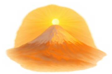 Mount fuji volcano during sunrise with vibrant orange glow and rising sun, transparent background