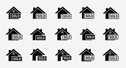 Seamless pattern featuring black and white icons of houses with sold signs attached