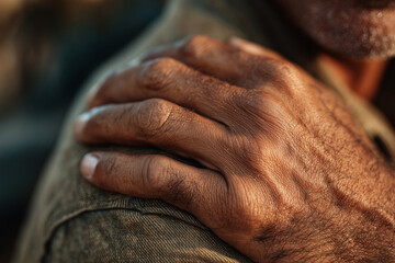 Caring gesture of an adult brushing crumbs off a friend's sleeve outdoors