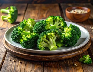 Plate of fresh broccoli on rustic wooden table