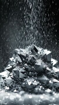 Super slow motion macro shot of shimmering microscopic silver dust particles settling into a dense, solid crystalline mass formation luxury, settling, dense