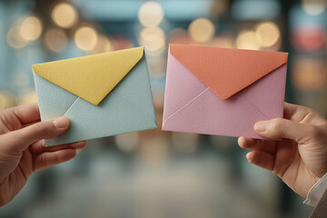 Two adults share colorful handwritten notes in a warm, inviting cafe