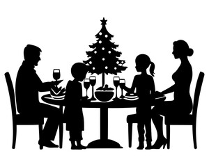 Fototapeta premium Christmas family dinner silhouette vector illustration isolated on white background