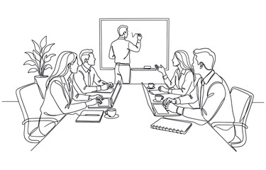 Continuous One Line Drawing of a Business Presentation and Team Meeting in in minimalist line art style