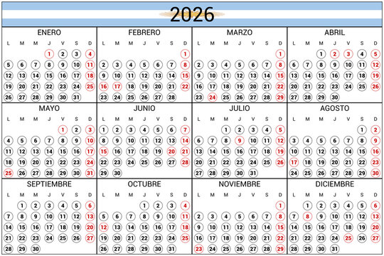 2026 Calendar Argentina Holidays Native Language Horizontal High Res