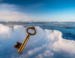 golden key rests on icy coastal expanse