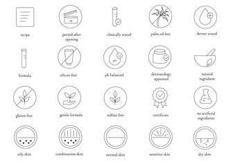 Fototapeta premium Cosmetic Skincare Icons Set – Dermatology, Natural Ingredients, Skin Types, Clinically Tested Symbols.