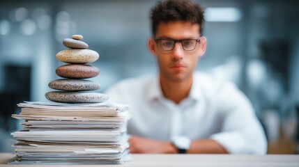 Focused businessman contemplates a balanced stack of stones symbolizing calm amidst office chaos and overwhelming paperwork, seeking clarity and peace.