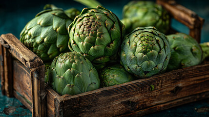 Obraz premium Fresh green artichokes nestled in a rustic wooden crate on a vibrant background