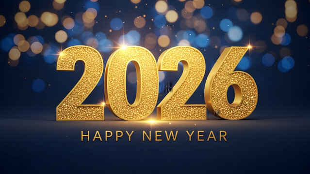 Golden 2026 new year celebration with sparkling bokeh lights on a dark blue background for festive holiday greetings - Powered by Adobe