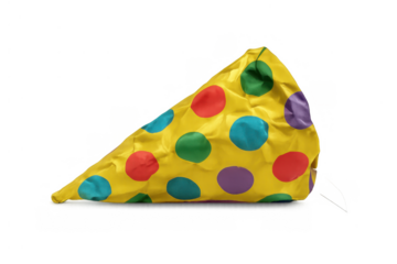 Colorful yellow party hat with vibrant polka dots isolated on a transparent background for celebrations