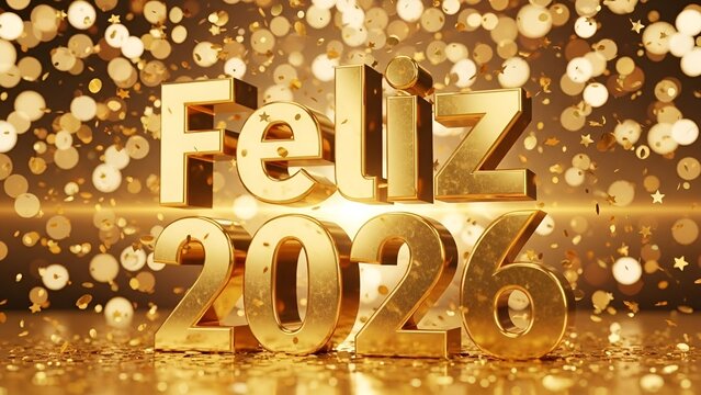 Letreiro dourado Feliz 2026 sobre confetes dourados e luzes festivas desfocadas