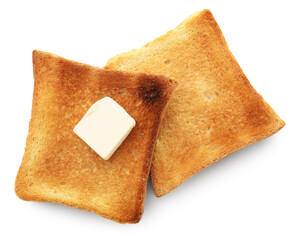 Slices of toasted bread with butter isolated on white, top view