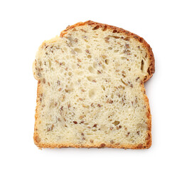 Slice of toast bread with seeds isolated on white, top view