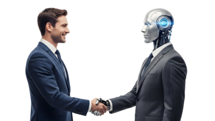 Businessperson shaking hands with a robot, symbolizing artificial intelligence and human collaboration in the future of work