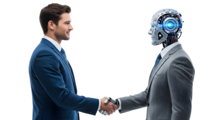 Businessman shaking hands with a robot, symbolizing collaboration and future business partnership