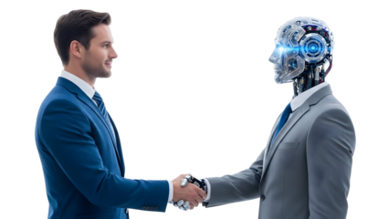 Man and Robot Handshake Symbolizing Futuristic Business Partnership and Technological Advancement