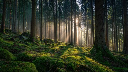 Obraz premium A serene forest scene with tall trees, soft light filtering through, and a lush green mossy ground.