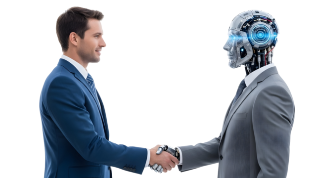 Human and robot shaking hands, symbolizing collaboration and the future of business technology - Powered by Adobe