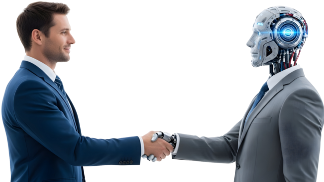 Business meets technology A man and a robot shake hands in a modern office