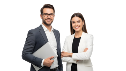 Successful business partners posing confidently with a laptop, showcasing professionalism and teamwork