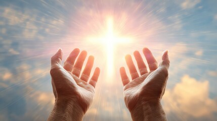A pair of hands reaches towards a bright cross, symbolizing faith, hope, and spirituality, against a sky filled with light.