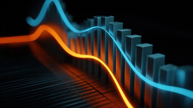 A vibrant digital representation of data trends with blue and orange lines intersecting bar graphs, illustrating fluctuations in statistics or performance metrics.
