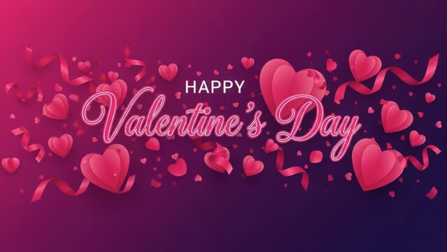 Happy valentine's day greeting with pink hearts and ribbons - Powered by Adobe