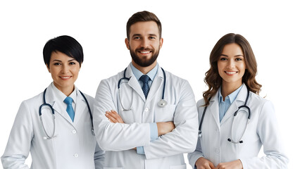 Three smiling doctors in white lab coats with stethoscopes around their necks standing together on a white background