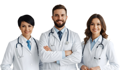 Three smiling doctors in white lab coats with stethoscopes around their necks standing together on a white background