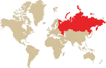 Naklejka premium Russia map highlighted in red on world map. Vector Illustration. Vector illustration of Russian map highlighted red on globe.