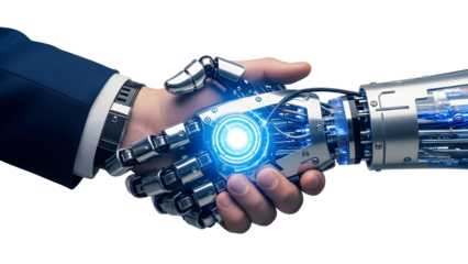 Human Handshake With Robotic Arm Symbolizing Collaboration Between Humans And Artificial Intelligence In Business