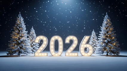 Sparkling 2026 new year celebration display with snowy trees and falling snow in a winter night scene