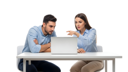 Two colleagues collaborate on a project using a laptop at a table