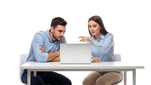 Two colleagues collaborate on a project using a laptop at a table - Powered by Adobe