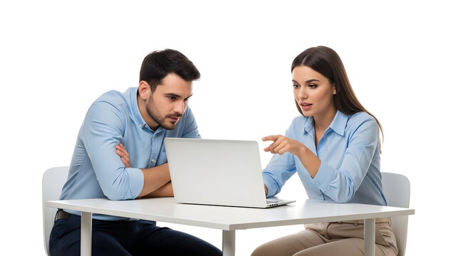 Two colleagues collaborating on a project using a laptop at a desk - Powered by Adobe