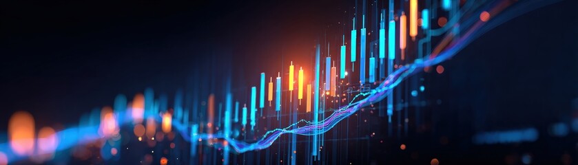 A vibrant digital graph displaying fluctuating data trends, characterized by bright colors and dynamic lines against a dark background.