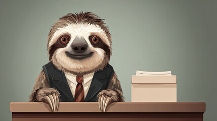 Obraz premium A cheerful sloth in a suit sits at a desk, exuding a quirky charm, blending business attire with a relaxed demeanor.