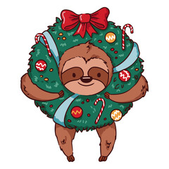 Obraz premium Christmas sloth with decorations illustration