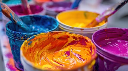 Vibrant paint buckets in various colors, showcasing swirling patterns and brushes, ideal for creative projects.