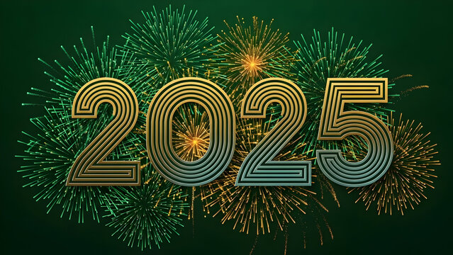 Golden 2025 new year celebration with fireworks display on a dark green background for festive occasions