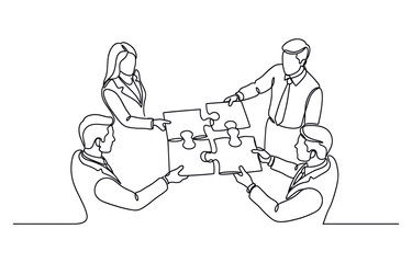 Single continuous line drawing of two young businessmen push puzzle pieces to unite it. Modern unity teamwork concept single line draw design vector illustration